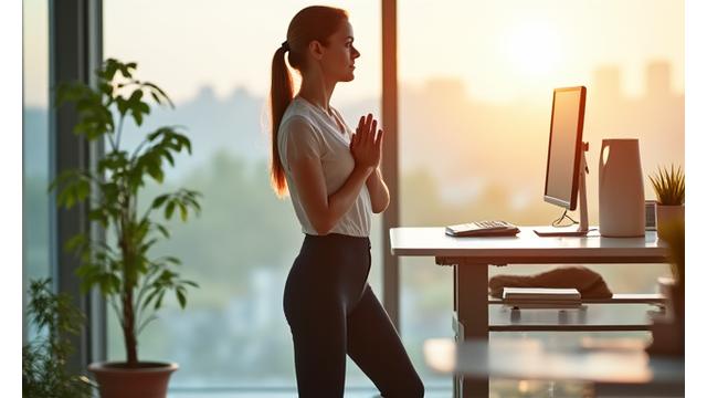 Жена прави кратки сутрешни упражнения до работното си бюро.